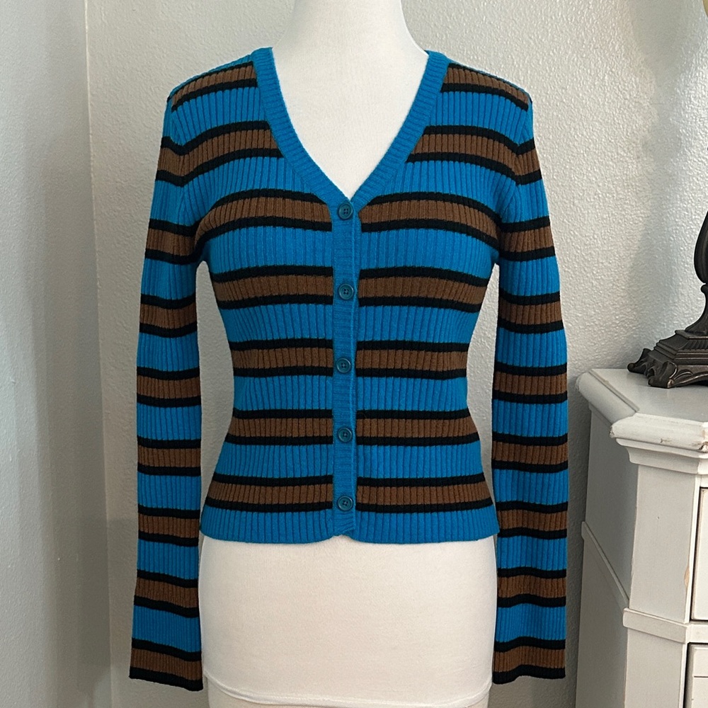 Andersson Bell Ribbed‎ Striped Wool Blend Long Sleeve Cardigan Blue Brown Small